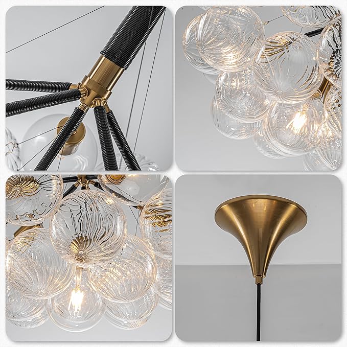 Modern Bubble Ball Swirled Glass Chandelier, Dia 24 inch Black and Clear Globe Blown Glass Small Ceiling Lights Fixture for Bedroom Study Restaurant