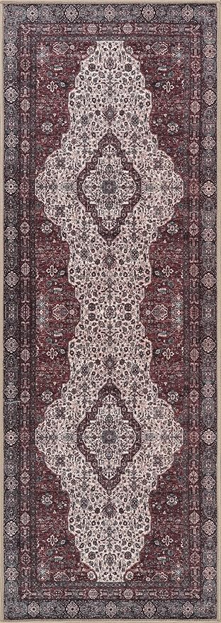 Bloom Rugs Washable Non-Slip 7 ft Runner - Red/Green/Cream Traditional Medallion Runner for Entryway, Hallway, Bathroom, and Kitchen - Exact Size: 2.5' x 7'