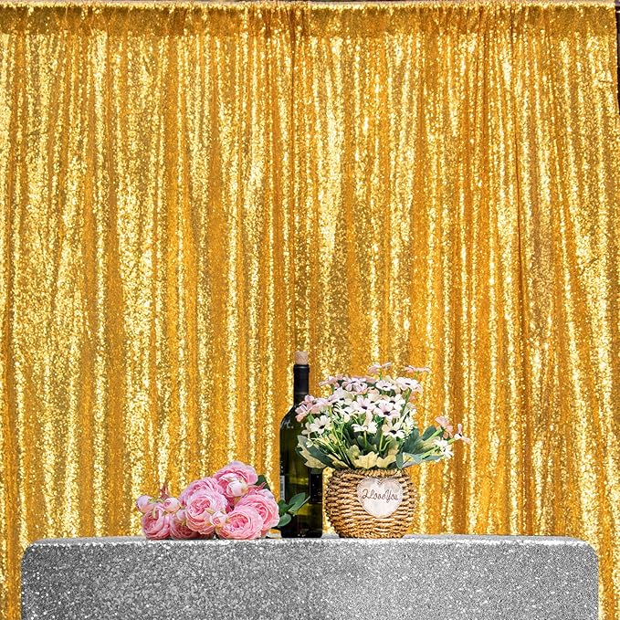 JYFLZQ Gold Sequin Backdrop Curtains 8ft x 8ft 1 Panel Glitter Photo Booth Backdrops Sparkly Photography Background Drapes for Parties Wedding Bridal Showers