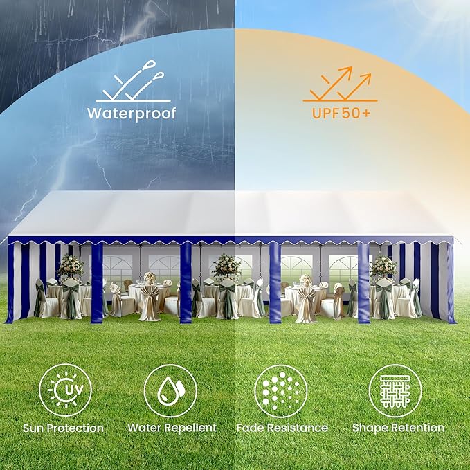 PHI VILLA 32'x16' Outdoor Heavy Duty Party Tent Large Commercial Canopy Wedding Event Shelter with Removable Sidewalls & 4 Storage Bags for Patio Outdoor Garden Events, Blue