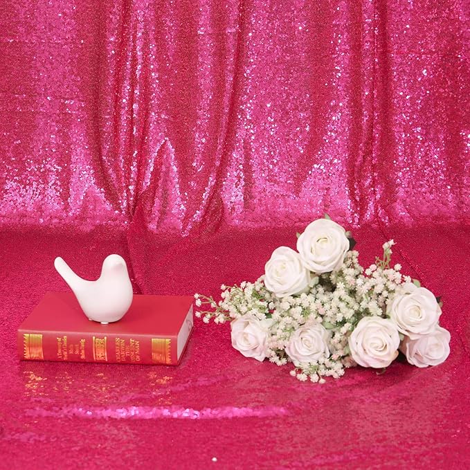 Poise3EHome 2Pcs 3Ft x 8Ft Hot Pink Sequin Backdrop Curtain, Glitter Photography Background, Sequence Xmas Thanksgiving Backdrop for Wedding Party Holiday Festival Decor