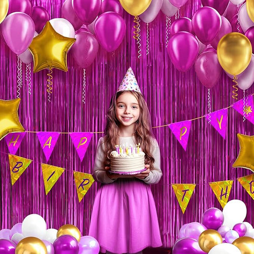 2 Pack Metallic Fuchsia Fringe Backdrop, 3.2x8.2ft Shining Foil Tinsel Curtains, Birthday Party Decorations Door Streamers for Halloween, Christmas, Wedding, Graduation, Holiday, Theme Events