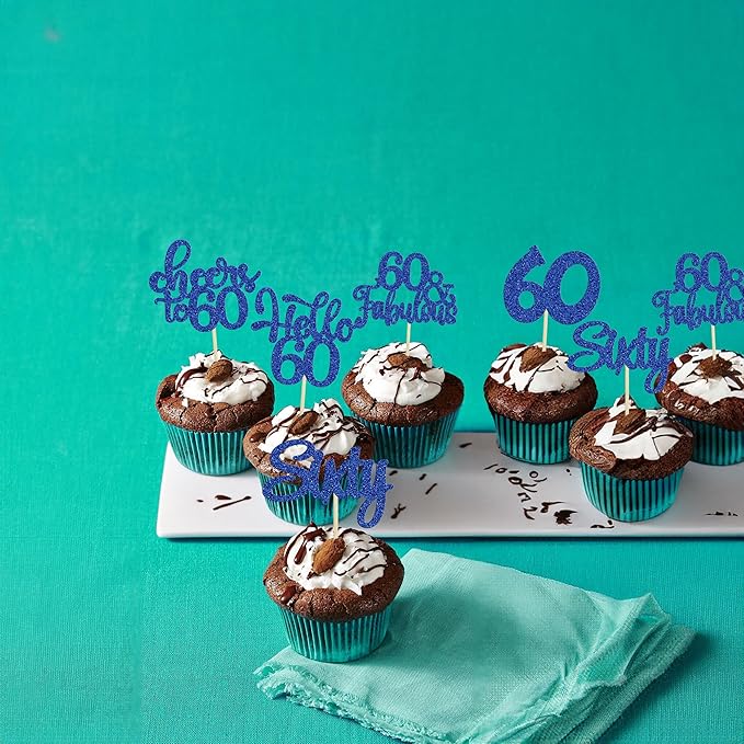 30Pcs Happy 60th Birthday Cupcake Toppers Deep Blue Glitter Sixty Cake Toppers Cheers to 60 Years Old Birthday Cupcake Picks for 60th Birthday Anniversary Party Cake Decorations Supplies