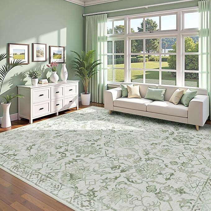 Sage Area Rugs 6x8 for Living Room, Washable Vintage Rugs for Bedroom, Distressed Throw Rug, Non Slip Floral Carpet Green Area Rug for Bedroom Dining Nursery