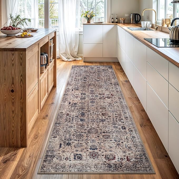 Bloom Rugs Washable Non-Slip 12 ft Runner - Light Tan/Blue Traditional Oriental Runner for Entryway, Hallway, Bathroom, and Kitchen - Exact Size: 2.5' x 12'