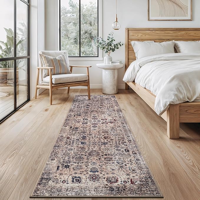 Bloom Rugs Washable Non-Slip 7 ft Runner - Light Tan/Blue Traditional Oriental Runner for Entryway, Hallway, Bathroom, and Kitchen - Exact Size: 2.5' x 7'