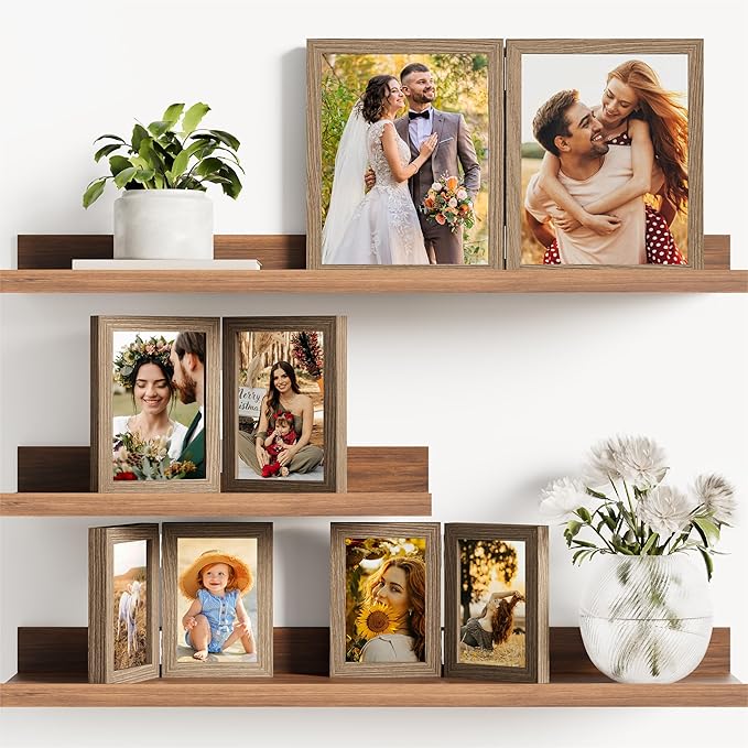 decorUhome Double 5x7 Picture Frame Vertical, Engineered Wood Bifold Photo Frame with Plexiglass for Tabletop Display, 5x7, Oak