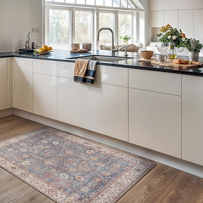 Bloom Rugs Washable Non-Slip 3' x 5' Rug - Beige/Blue Traditional Bordered Area Rug for Living Room, Bedroom, Dining Room, and Kitchen - Exact Size: 3' x 5'