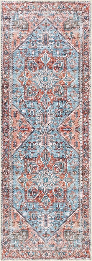 Bloom Rugs Washable Non-Slip 12 ft Runner - Coral/Sky Blue Traditional Medallion Runner for Entryway, Hallway, Bathroom, and Kitchen - Exact Size: 2.5' x 12'