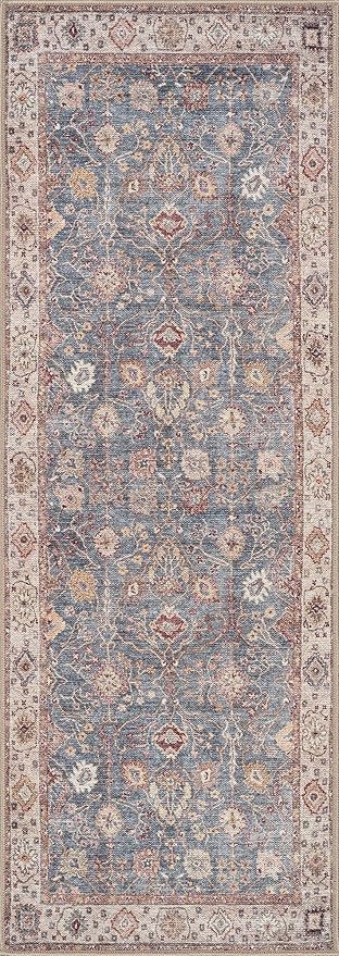 Bloom Rugs Washable Non-Slip 12 ft Runner - Beige/Blue Traditional Bordered Runner for Entryway, Hallway, Bathroom, and Kitchen - Exact Size: 2.5' x 12'