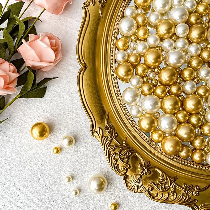 150Pcs Cream&Gold Polished No Hole Faux Pearl Beads for Vase Filling Decorations, Plastic Pearls Vase Fillers, Table Scatters, Wedding Centerpiece, Home Decor, 8/14/20 mm