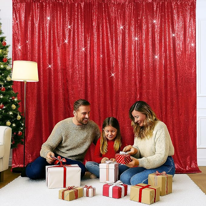 SquarePie Sequin Backdrop Less Transparent Background Sparkly Curtain for Wedding Party 20FT x 10FT Red
