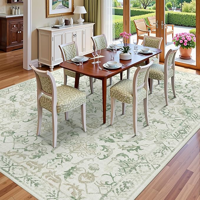 Green Area Rugs 8x10 Rugs for Living Room, Traditional Washable Rugs for Bedroom Distressed Large Area Rug Living Room Rug Non Slip Rug Carpet for Dining Nursery