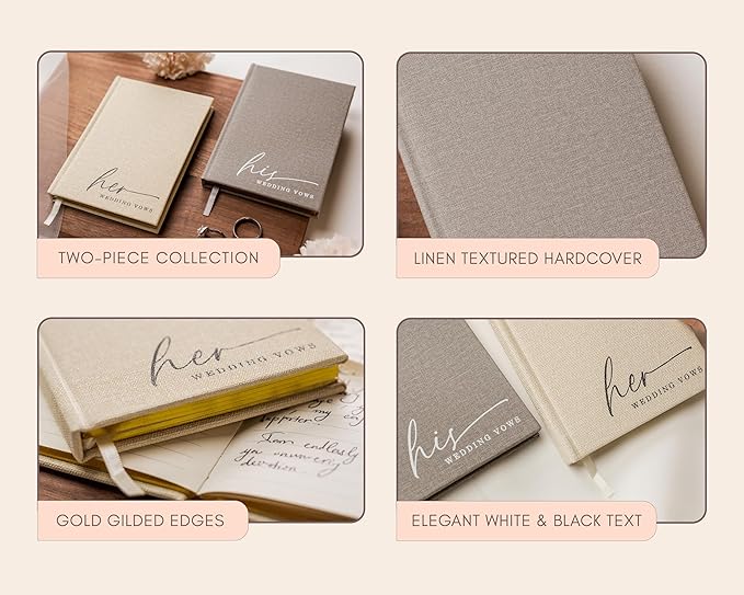 His & Her Wedding Hardcover Vows Books (Set of 2) - 5.75 x 5 Minimalist Pocket Sized Embossed Wedding Ceremony Vow Renewal Speech Notebook Journal