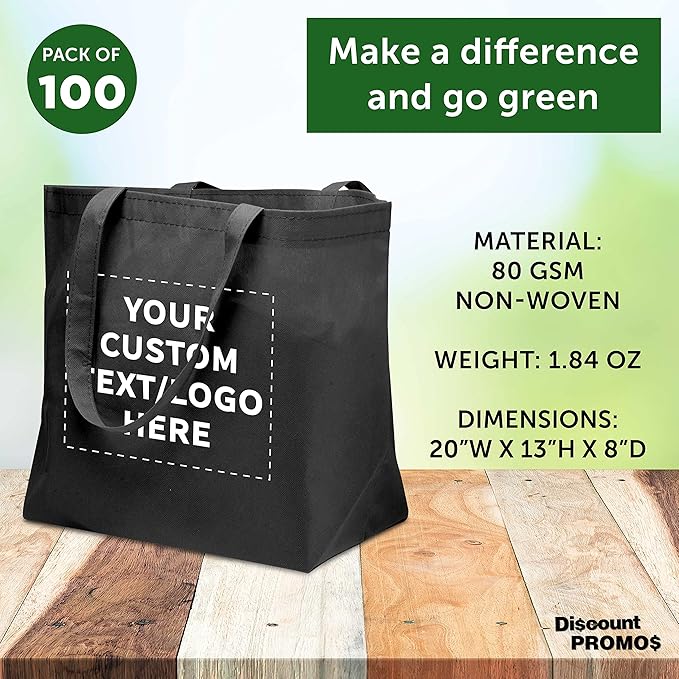 DISCOUNT PROMOS Custom Southern Style Grocery Tote Bags Set of 100 - Personalized Bulk Pack, Reusable Grocery & Shopping Bags - Great for Travel, Carry on Bag, Business Promotions - Black - 20"X13"X8"