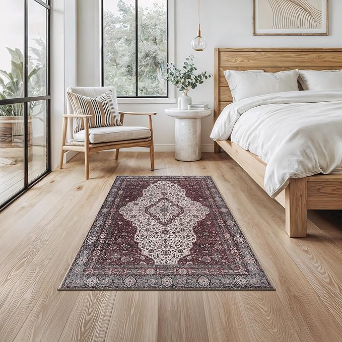 Bloom Rugs Washable Non-Slip 3' x 5' Rug - Red/Green/Cream Traditional Medallion Area Rug for Living Room, Bedroom, Dining Room, and Kitchen - Exact Size: 3' x 5'