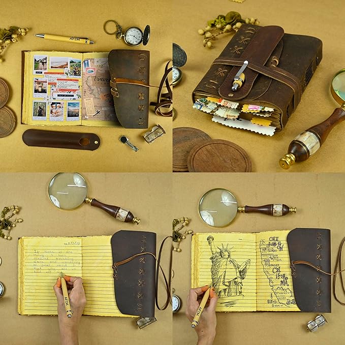 Leather Journal Notebook for Men & Women Daily Vintage Leather Bound Journal Travel Notebook 200 Deckle Lined Paper Diary Writing Journal Travelers Scrapbook Poetry Sketchbook Small Leather Gifts with