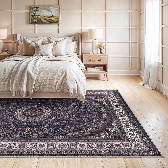 Bloom Rugs Washable Non-Slip 8' x 10' Rug - Navy Traditional Medallion Area Rug for Living Room, Bedroom, Dining Room, and Kitchen - Exact Size: 8' x 10'