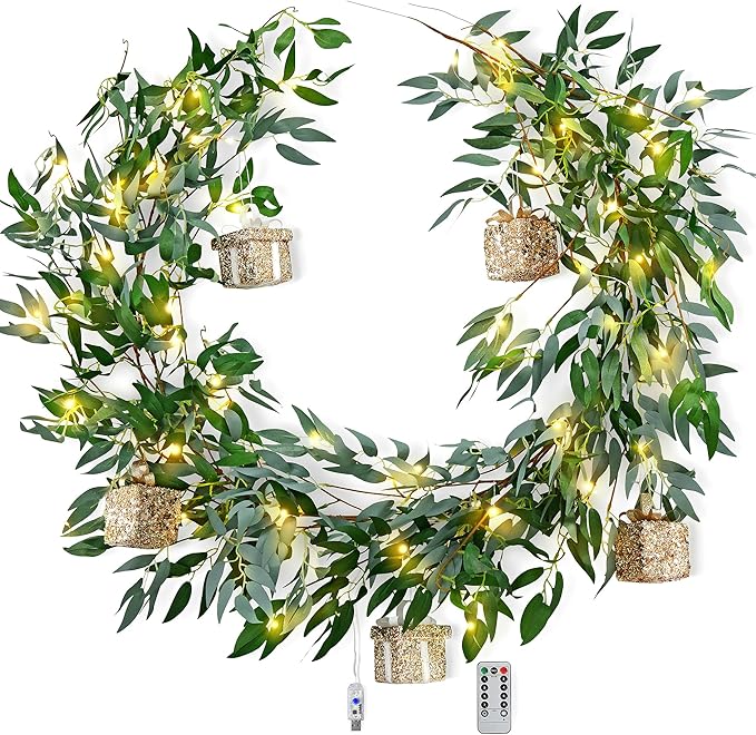 Artificial Willow Garland with Lights & Ornaments – 2-Pack Lighted Greenery Vine, USB Fairy Lights with Remote & Timer for Mantels, Weddings, Fireplace, Holidays, Parties & Everyday Home Decor