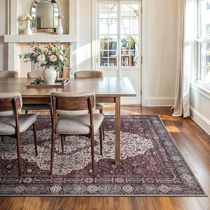Bloom Rugs Washable Non-Slip 8' x 10' Rug - Red/Green/Cream Traditional Medallion Area Rug for Living Room, Bedroom, Dining Room, and Kitchen - Exact Size: 8' x 10'