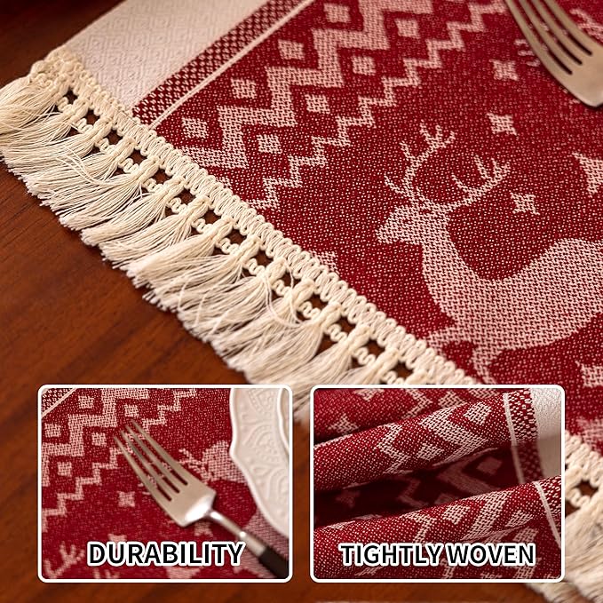 Placemats Set of 4,Elk Placemat with Tassel Fringe,Christmas Placemats for Coffee Table Western Restaurant