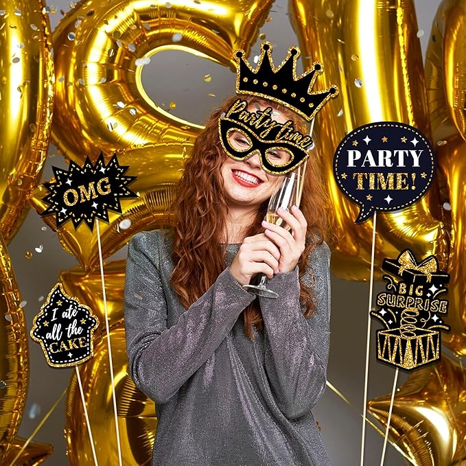 36 PCS Birthday Photo Booth Props Party Supplies Holiday Picture Decorations Photo Booth Props for Birthday Party Favors Pose Sign Kit Fun for Party (Black and Gold)