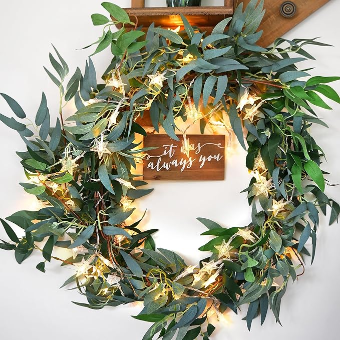 Enchanting Decor: Pair of Flexible Rustic Willow Garlands Adorned with 33 Feet Starry String Lights (USB Operated) by FiveSeasonStuff Floral