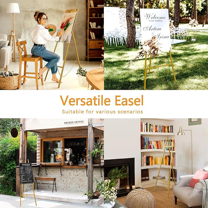 Gold Easel Stand for Signs, Metal Decorative Easels for Wedding Heavy Sign Posters Home Display Painting, Artist Easel for Painting Canvas