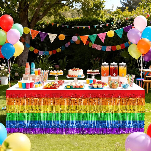 2 Pack Rainbow Table Skirts, 29x108" Metallic Foil Tinsel Fringe Table Skirts for Rectangle Tables Streamer Curtains Backdrop, Party Decorations for Birthdays Weddings Holidays