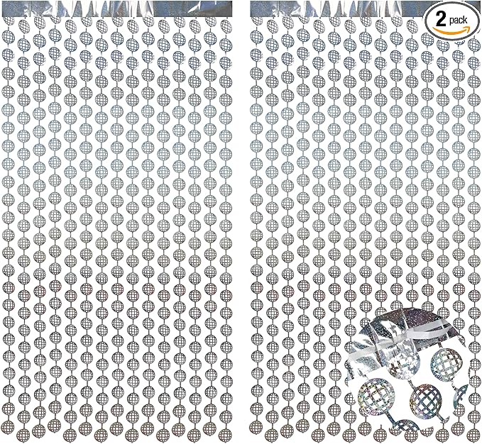 BRAVESHINE Hanging Balls Party Streamers Backdrop - 2 Pack Silver Tinsel Foil Fringe Curtains for 70s 80s 90s Discoball Party, Birthdays, Bachelorette, Engagement, Music, Dance,New Years Decorations