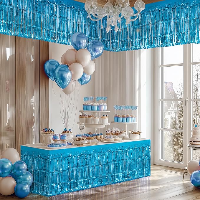 4 Pack Lake Blue Table Skirts, 29x108" Metallic Foil Tinsel Fringe Table Skirts for Rectangle Tables Streamer Curtains Backdrop, Party Decorations for Birthdays Weddings Holidays