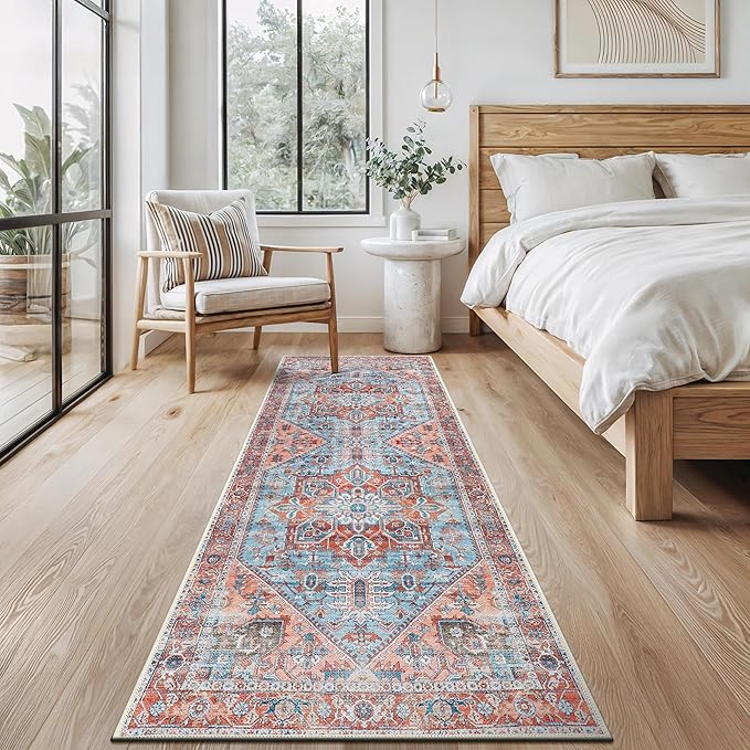 Bloom Rugs Washable Non-Slip 10 ft Runner - Coral/Sky Blue Traditional Medallion Runner for Entryway, Hallway, Bathroom, and Kitchen - Exact Size: 2.5' x 10'