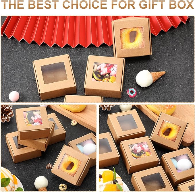 Zonon 30 Pcs Soap Boxes for Homemade Packaging, Mini Kraft Treat Boxes with Window for Bakery Candy Soap Making Gift Packaging(2.56 x 2.56 x 1.18 Inch,Brown)