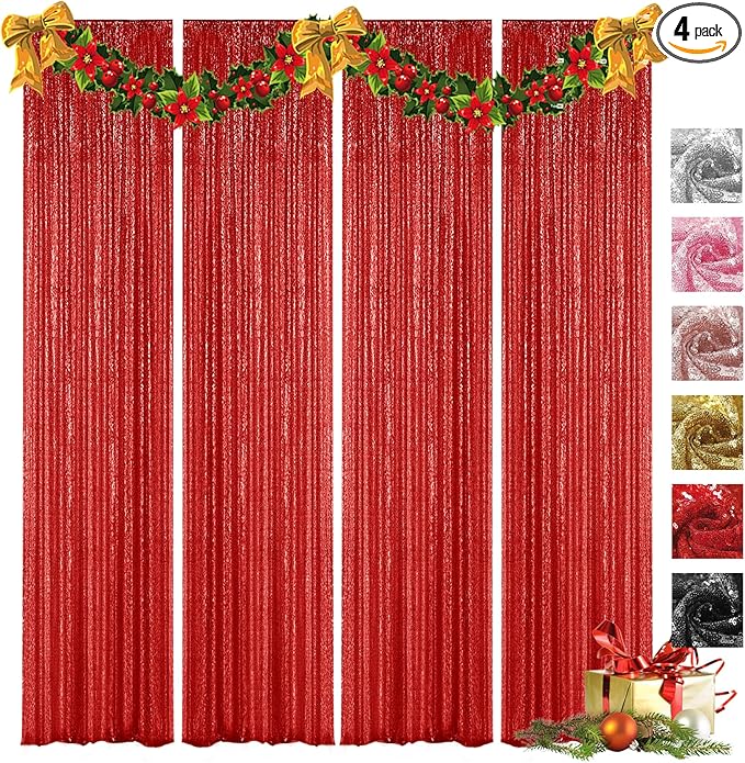 VOK Red Sequin Backdrop Curtains 4 Panels 2FTx8FT Glitter Photography Background for Wedding Birthday Christmas Party Decorations