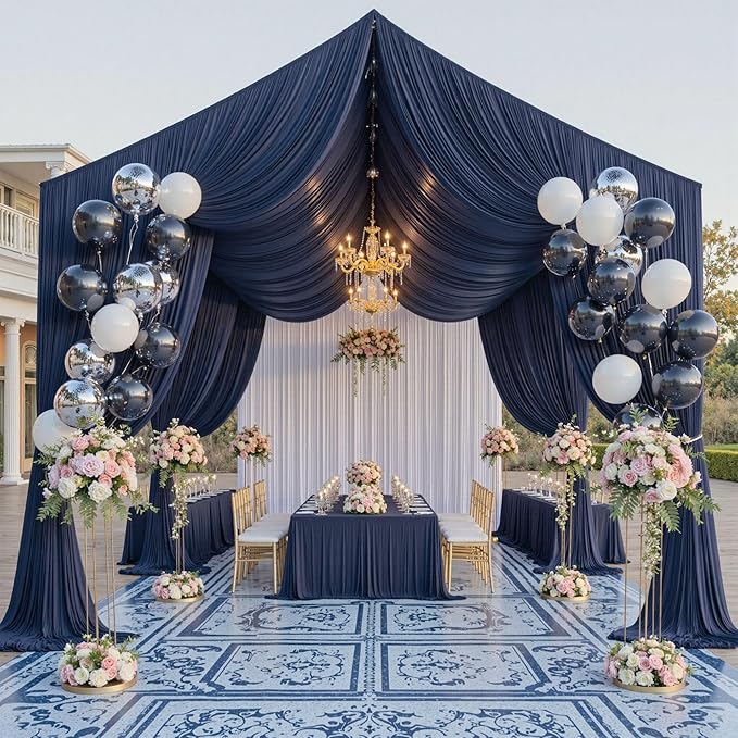 PartyVillage 20ftx40ft Navy Blue Ceiling Curtain for Wedding Parties – 4 Panels Wrinkle-Free 40 FT Long Tent Draping Curtains for Wedding, Birthday & Theme Parties, 40ft Height with Rod Pocket