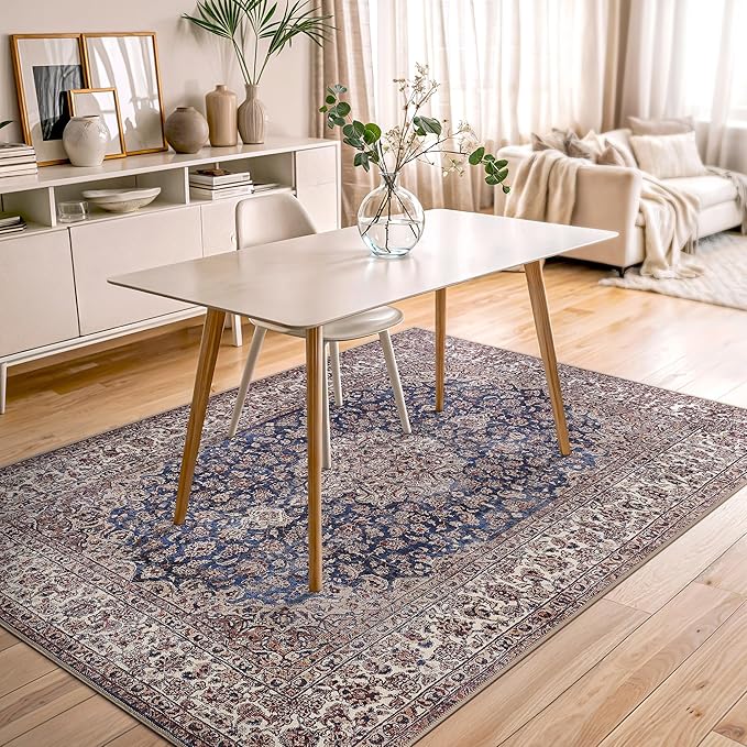 Bloom Rugs Washable Non-Slip 5' x 7' Rug - Dark Blue/Beige Traditional Medallion Area Rug for Living Room, Bedroom, Dining Room, and Kitchen - Exact Size: 5' x 7'