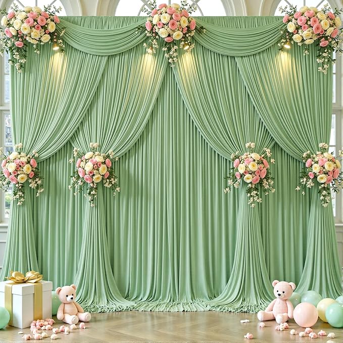 40ft x 12ft Sage Green Backdrop Curtains Wrinkle Free Backdrop Curtain for Wedding Parties Green Fabric Backdrops Drapes Back Drop Cloth Bridal Shower Stage Curtains Wedding Decorations for Reception