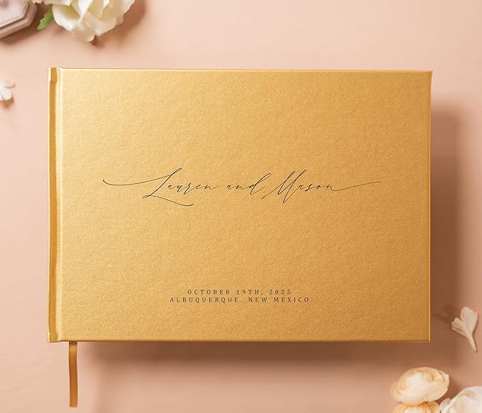 MUUJEE Personalized Guestbook in Gold - Premium Custom Modern Guest Book for Wedding Reception, Birthday Party or Events w/Bookmark Blank Pages for Signing 11.5 x 8.5 inches