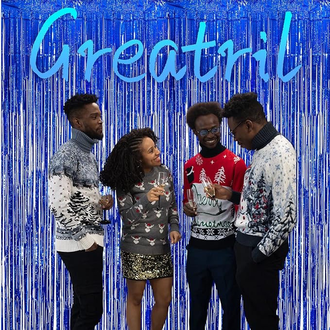 Dark Blue Tinsel Backdrop Streamers - GREATRIL Party Streamers Backdrop Foil Fringe Curtains for Birthdays Royal Boys Men Decorations - 1m x 2.5m - Pack of 2