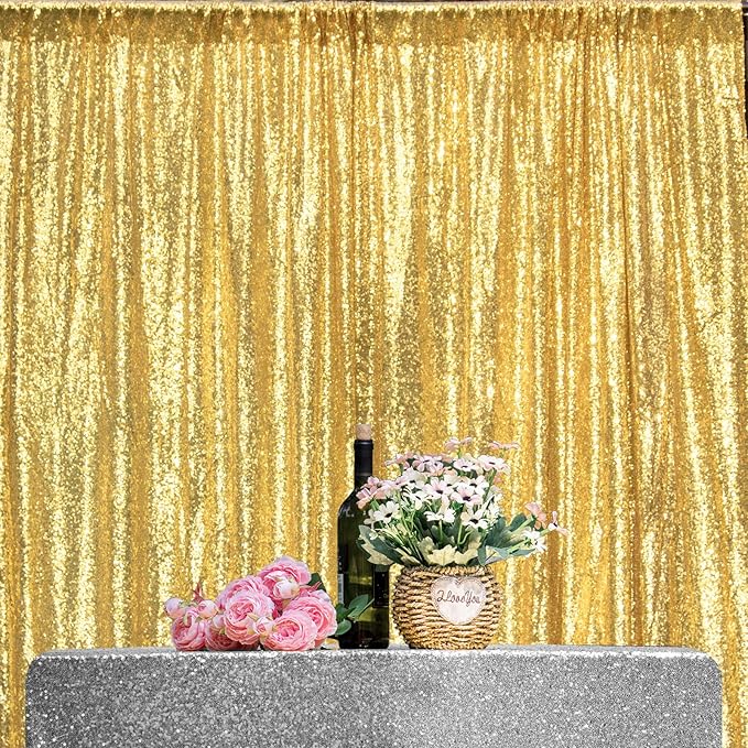 Gold Sequin Backdrop Curtains 4 Panels 2FTx8FT Wedding Photo Backdrop Glitter Birthday Bridal Party Curtains Sparkle Background Drapes Parties Decor Curtains