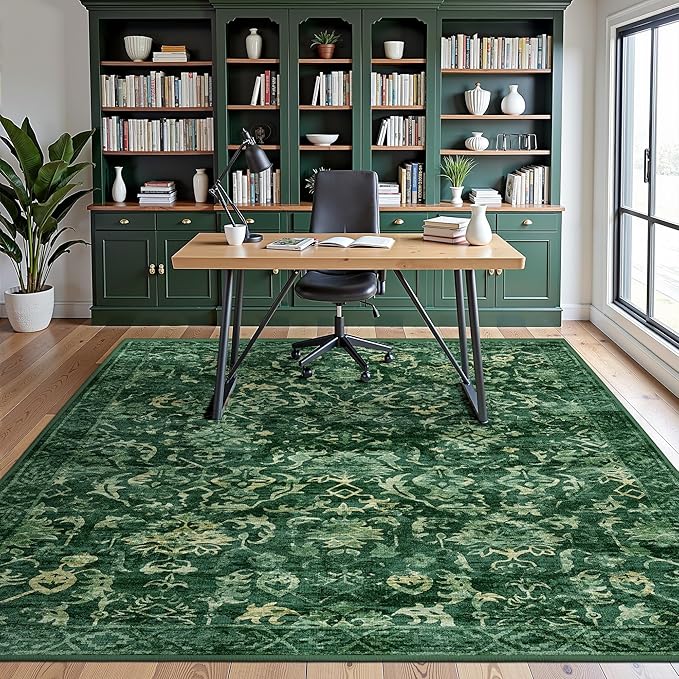 Dark Green Vintage Area Rug 5x7 for Living Room, Washable Distressed Farmhouse Soft Thin Non-Shedding Indoor Throw Rug, Traditional Accent Carpet for Bedroom Office