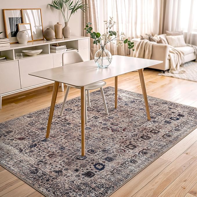 Bloom Rugs Washable Non-Slip 5' x 7' Rug - Light Tan/Blue Traditional Oriental Area Rug for Living Room, Bedroom, Dining Room, and Kitchen - Exact Size: 5' x 7'