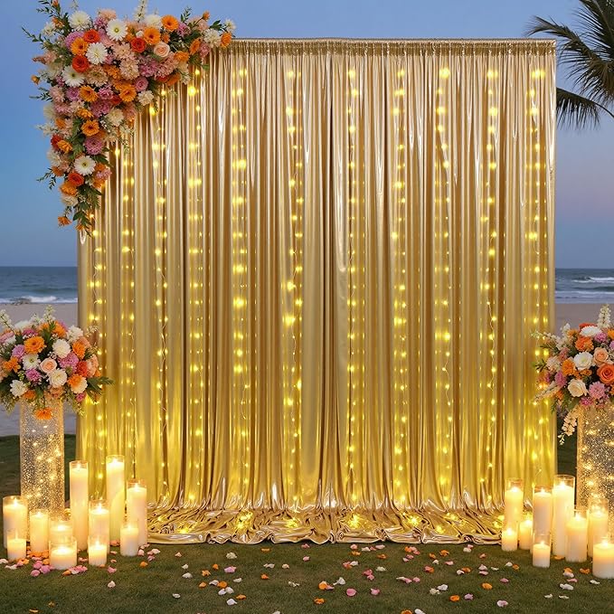 PartyVillage 20x10FT Gold Sequin Backdrop Curtain with String Lights – 4 Panels 5x10FT Sparkly Wrinkle-Free Glitter Backdrop Drapes for Birthday, Wedding, Photography, Graduation Party Décor