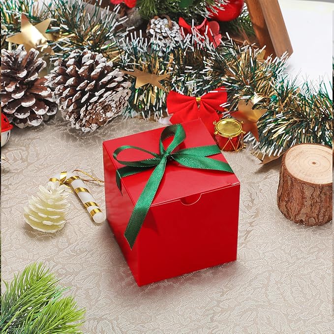 DOYIDE 60 Pcs Small Gift Boxes, 3x3x3 inches Kraft Paper Gift Box with Ribbons, Red Candy Boxes for Christmas Wedding Favors Baby Shower Bridal Shower Birthday Party