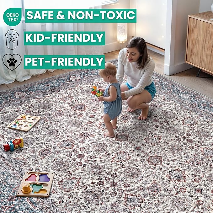 Bloom Rugs Washable Non-Slip 12 ft Runner - Teal/Blue/Beige Traditional Oriental Runner for Entryway, Hallway, Bathroom, and Kitchen - Exact Size: 2.5' x 12'