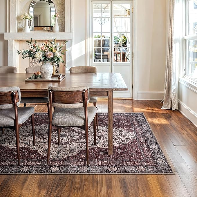 Bloom Rugs Washable Non-Slip 6' x 9' Rug - Red/Green/Cream Traditional Medallion Area Rug for Living Room, Bedroom, Dining Room, and Kitchen - Exact Size: 6' x 9'