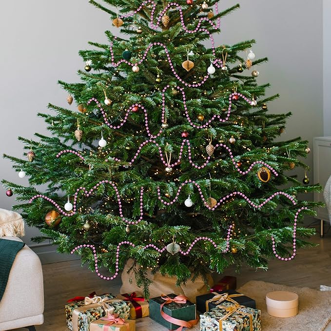 100 FT Pink Christmas Tree Beads Garland, Plastic Xmas Tree Beads Trim Chain Roll for Home, DIY Fireplace Holiday Decor Hanging Ornaments