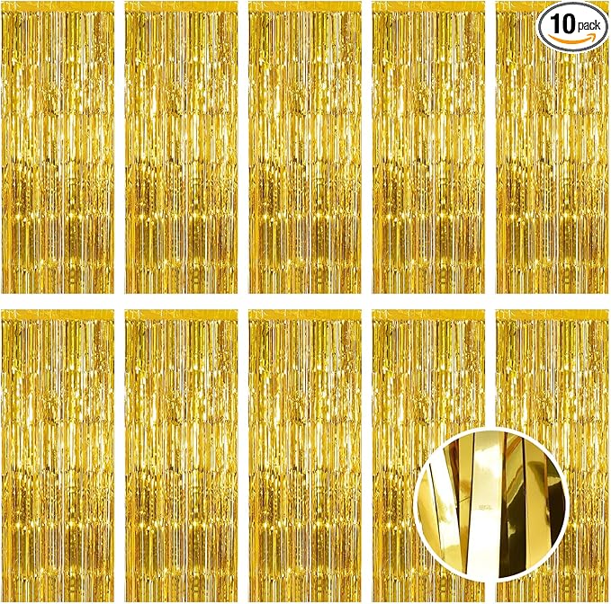 10 Pack Gold Foil Curtain Backdrop 3.2ft x 9.8ft Metallic Tinsel Foil Fringe Curtains Streamer Photo Booth Backdrop for Birthday Party Engagement Bachelorette Party Decorations (Gold)