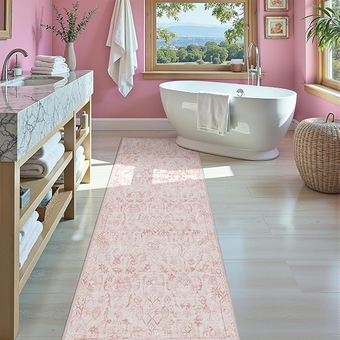 Pink 3x7 Runner Rug for Hallways Bed Side Kitchen, Boho Washable Distressed Low-Pile Floor Entryway Long Bathroom Mat, Non-Slip Laundry Room Washstand Front Carpet Green 36x84 Inch