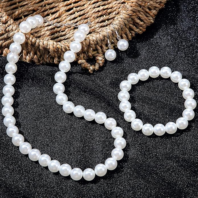 4 Pcs 1920s Faux Pearl Costume Jewelry Set for Women Halloween Simulated Necklace Bracelet Earrings for Wedding